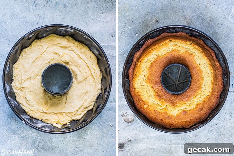 Two photo collage showing the baking of an orange bundt cake.