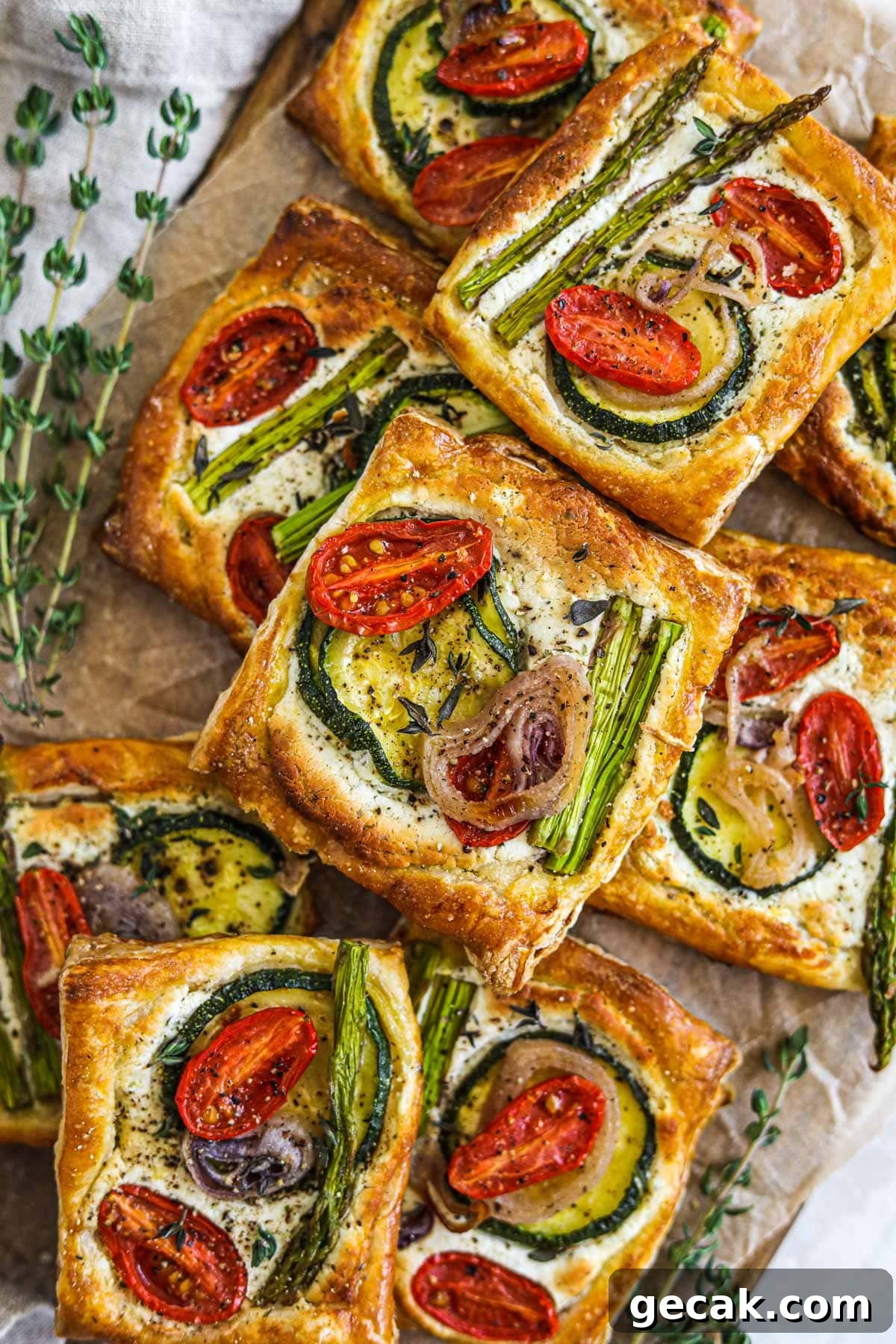Savory Puff Pastry Vegetable Tarts for Entertaining 2 Puff pastry vegetable tarts with herbed goat cheese, cherry tomatoes, asparagus, shallots, and zucchini.
