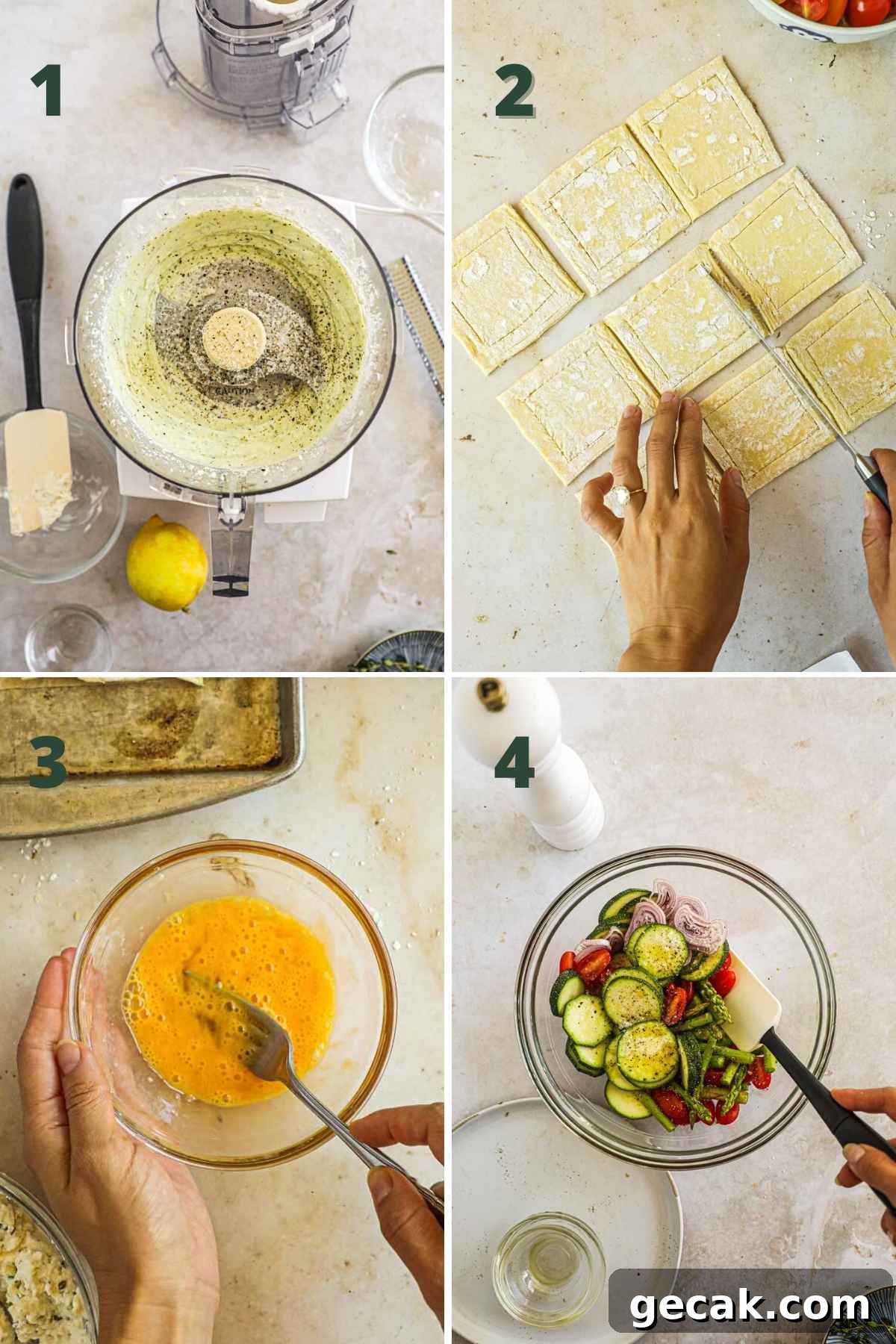 Savory Puff Pastry Vegetable Tarts for Entertaining 4 Steps to make puff pastry vegetable tarts, including whipping the goat cheese and herbs in a food processor, cutting the puff pastry, making the egg wash, and mixing the seasoned vegetables.