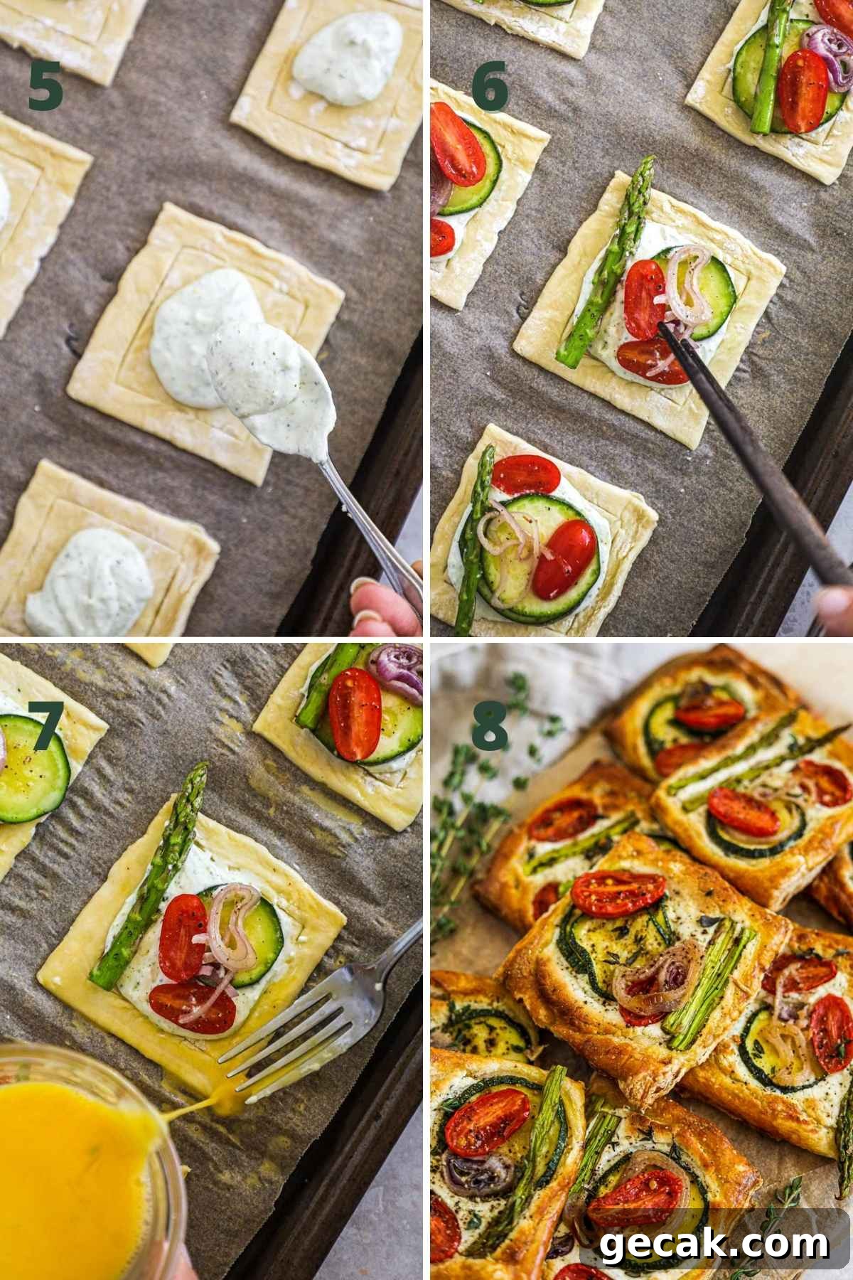 Savory Puff Pastry Vegetable Tarts for Entertaining 5 Steps to make puff pastry vegetable tarts, including adding the goat cheese to each tart, topping with vegetables, applying the egg wash, and baking.