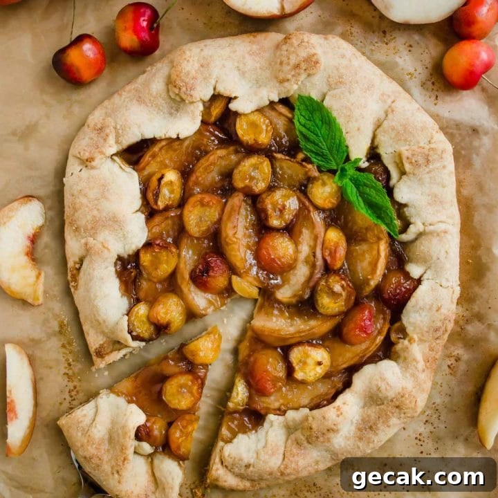 White Peach and Cherry Galette on parchment paper flatlay.