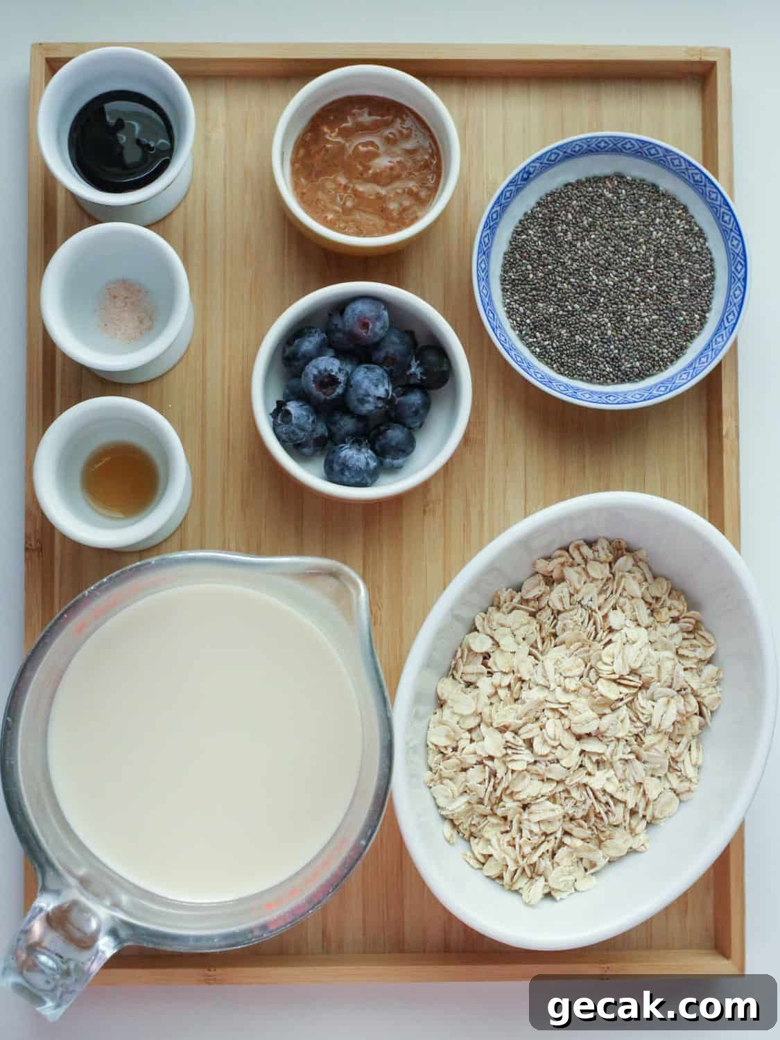Photo of a tray of ingredients for this vegan oat and chia porridge.