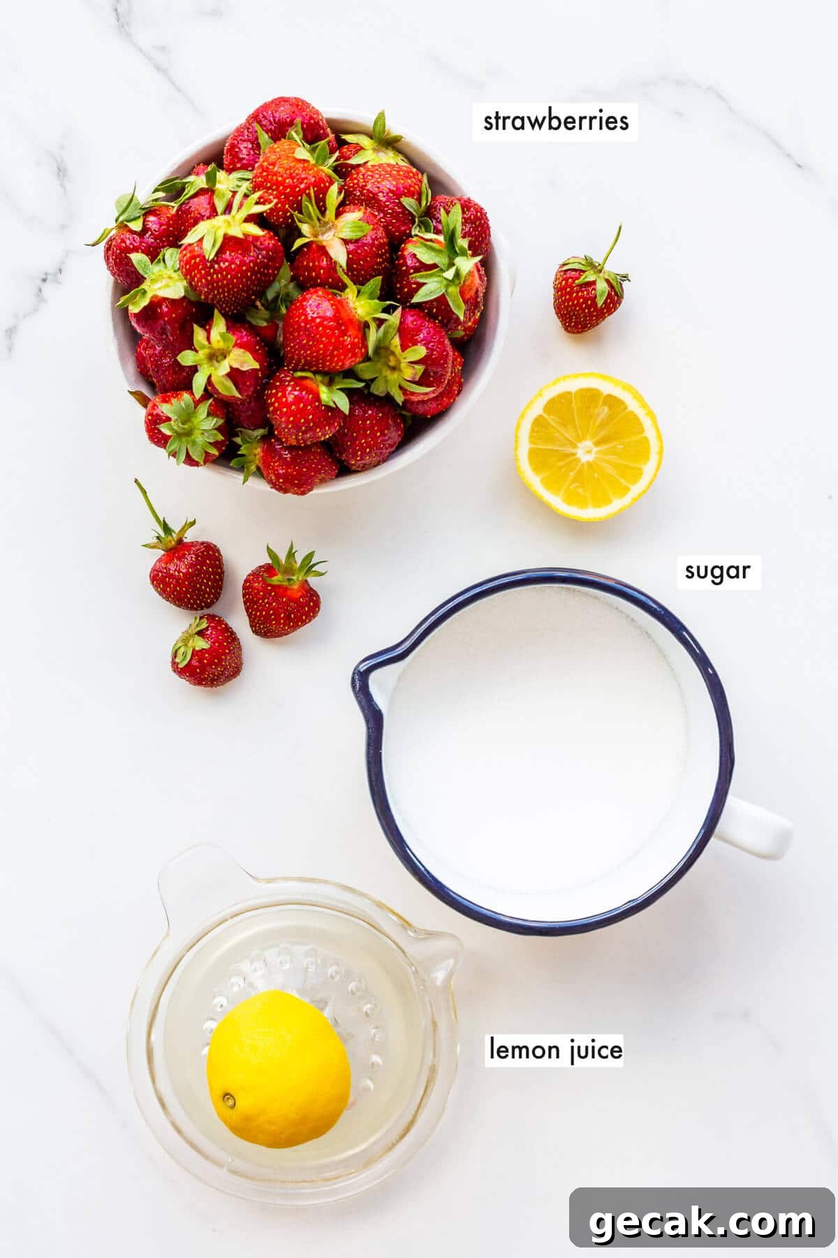 Three ingredients: strawberries, sugar, and lemon juice.