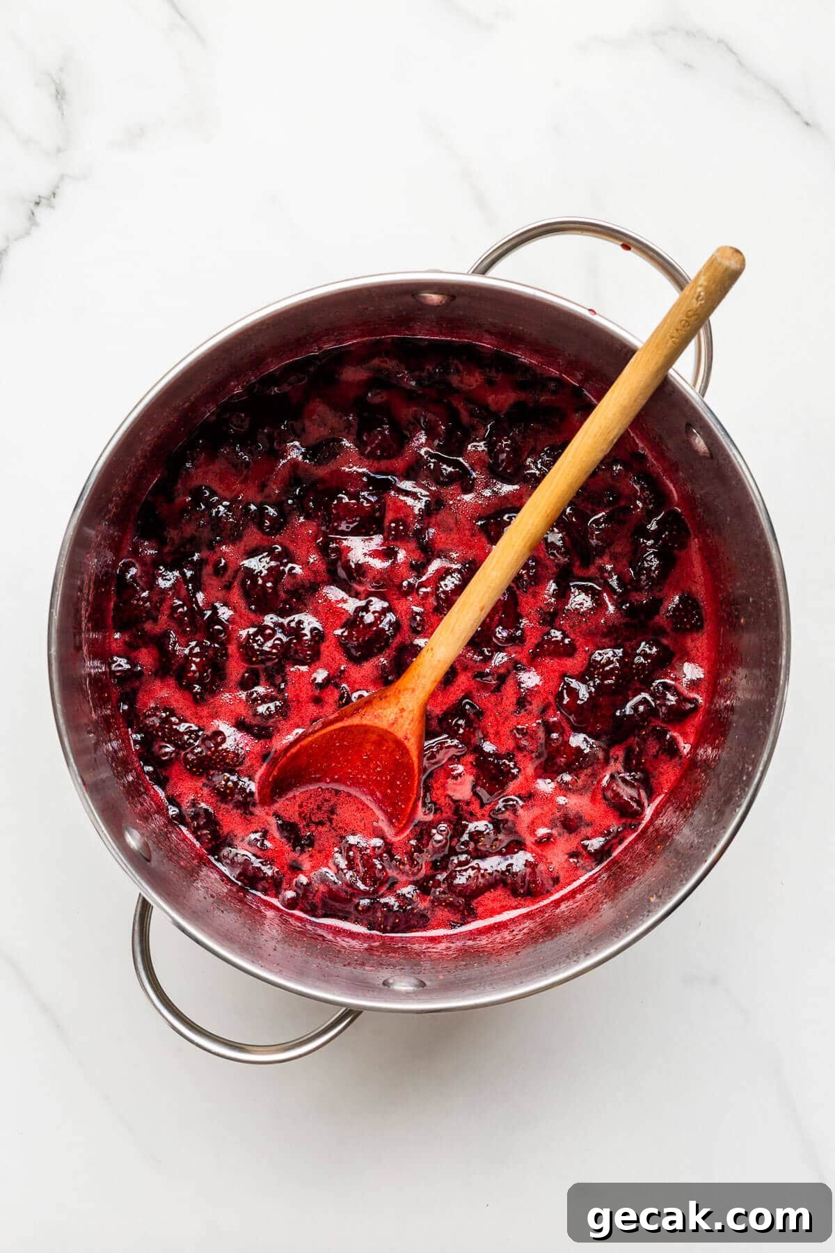 A pot of homemade jam ready for jars.