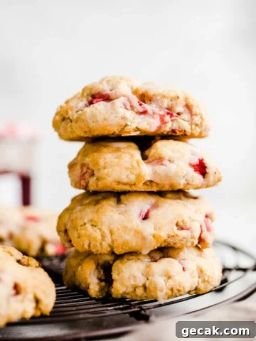 strawberry biscuits stacked on a cooling rack