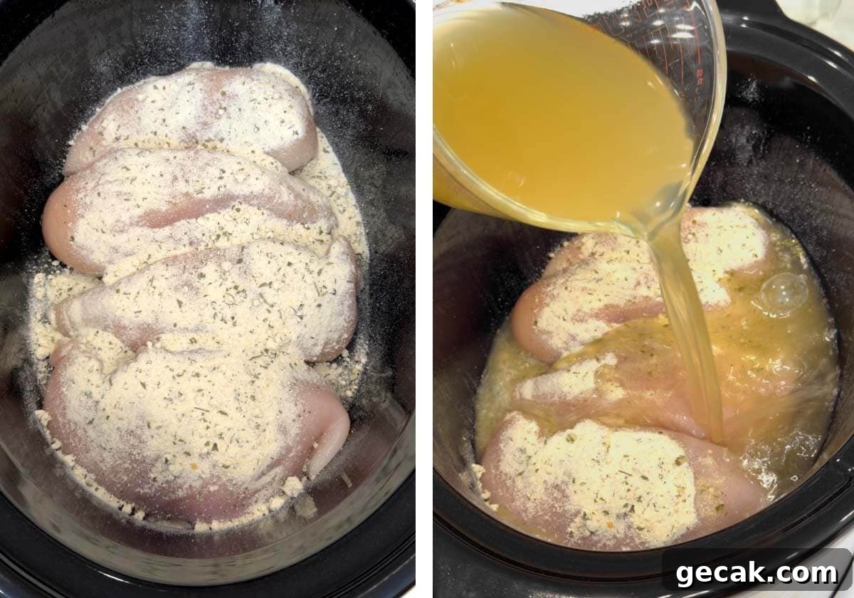 chicken breasts, and ranch in crockpot, broth pouring in.