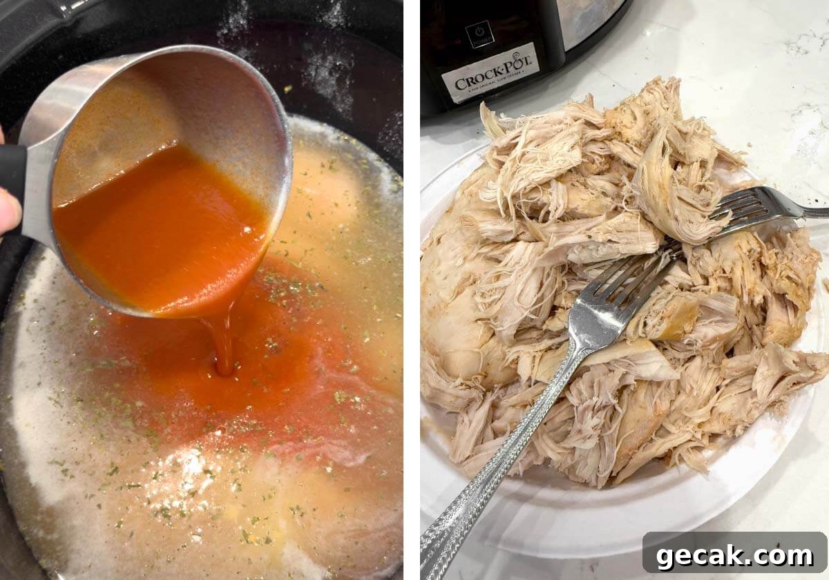 adding buffalo wing sauce to crockpot, shredding cooked chicken