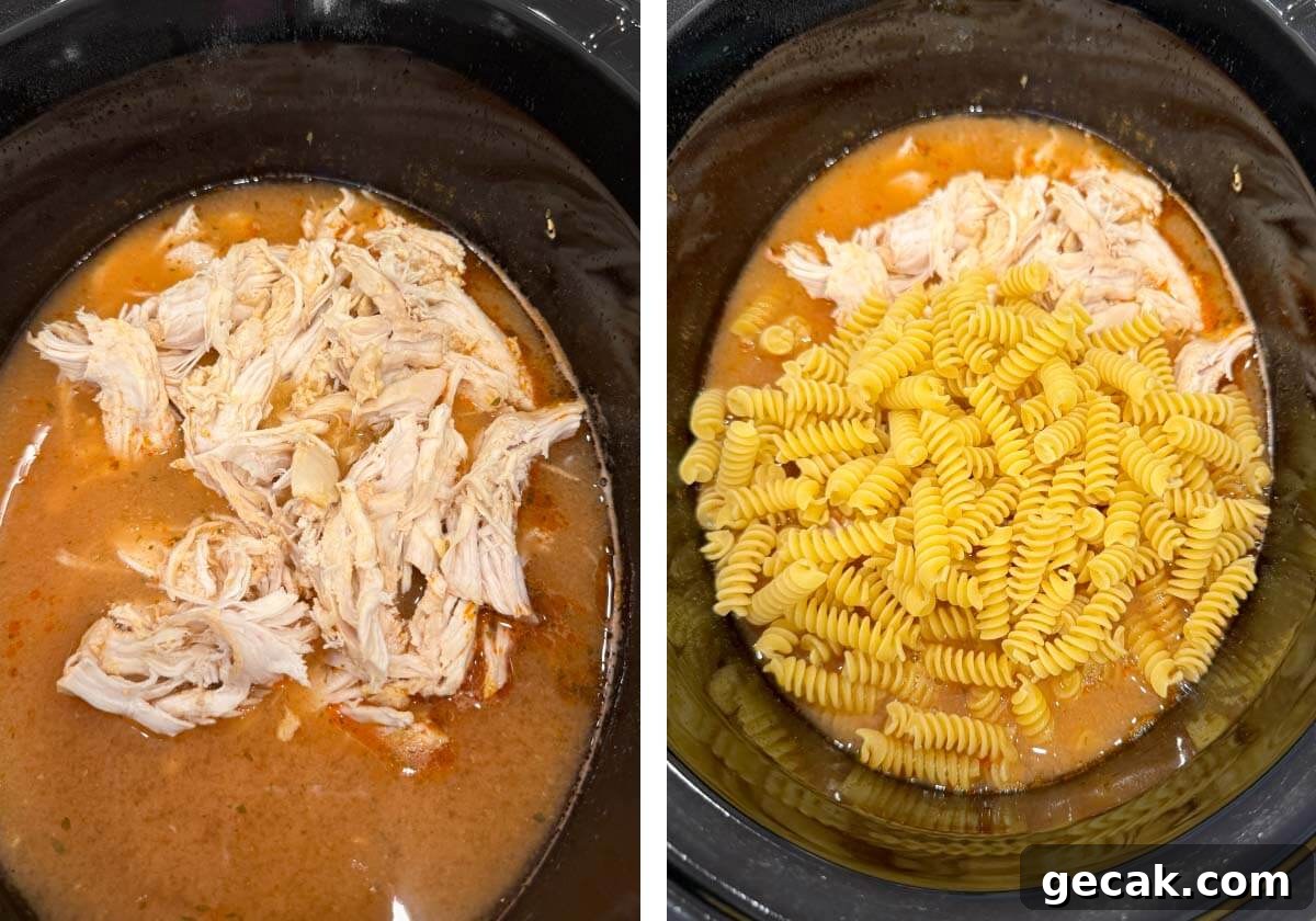 shredded chicken added back to crockpot, pasta added