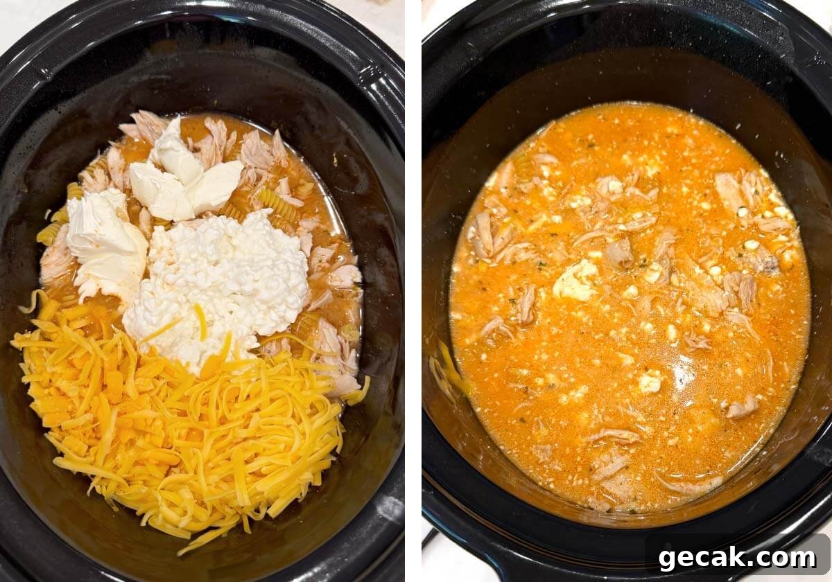 cheeses added to cooked chicken, stirred.