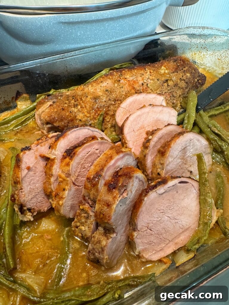 The finished, sliced tenderloins with green beans