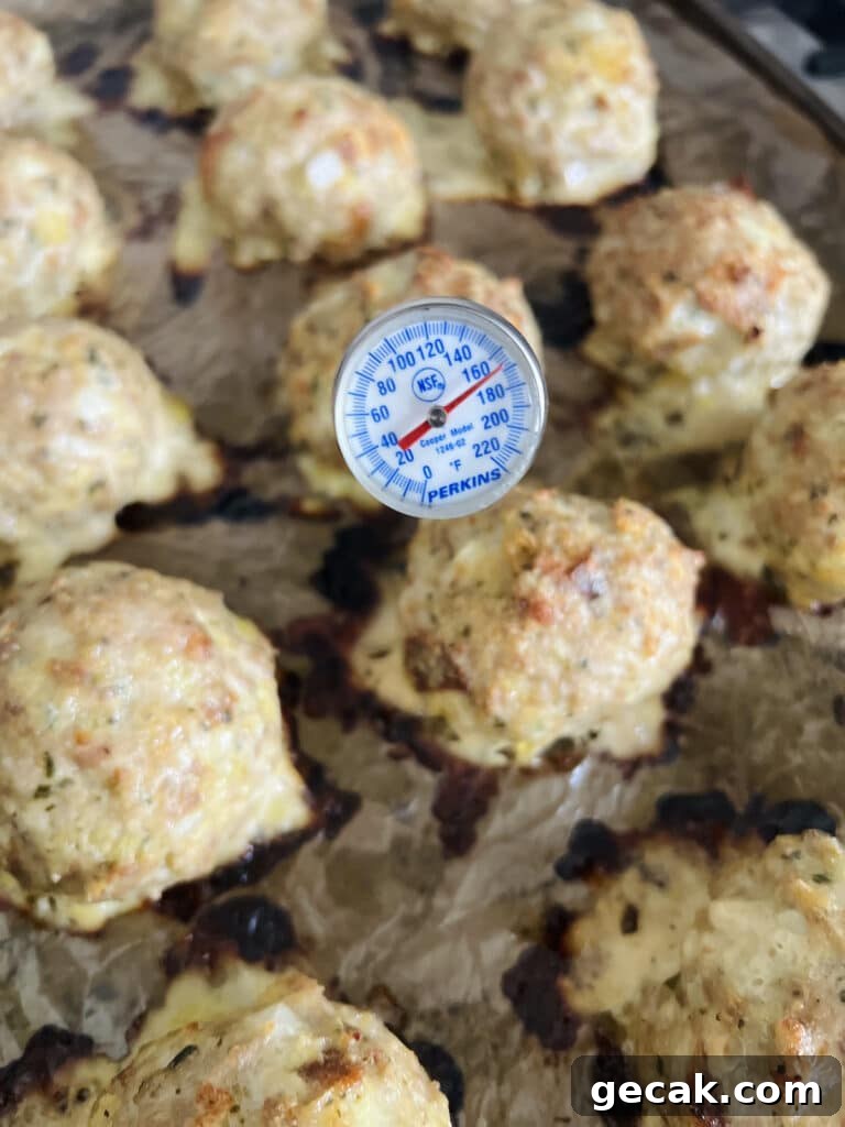 Close up of meat thermometer in cooked turkey meatballs.