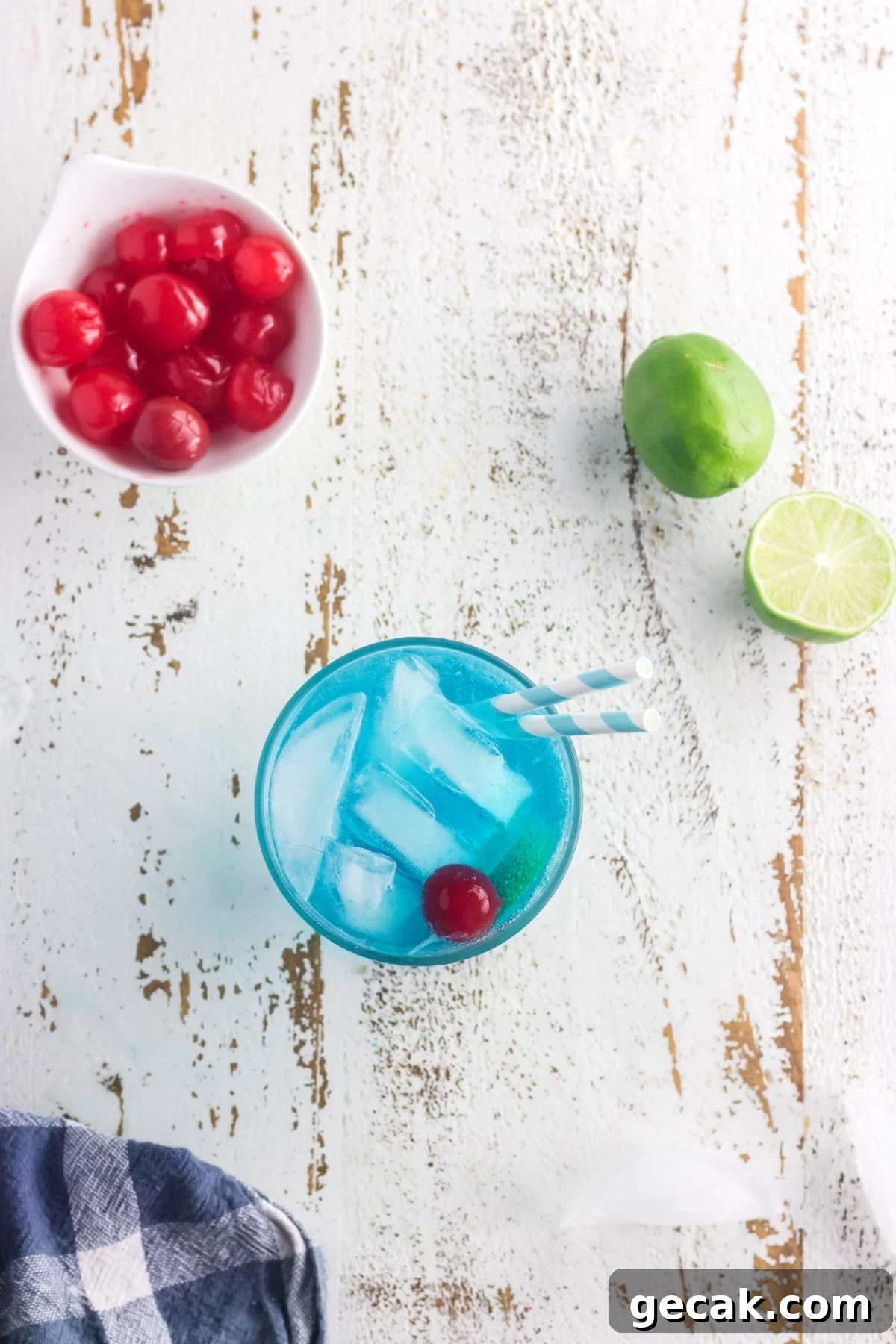 Overhead view of the cocktail with garnishes.
