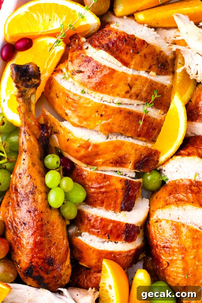 Homemade, sliced, tender oven roasted turkey with crispy sin.