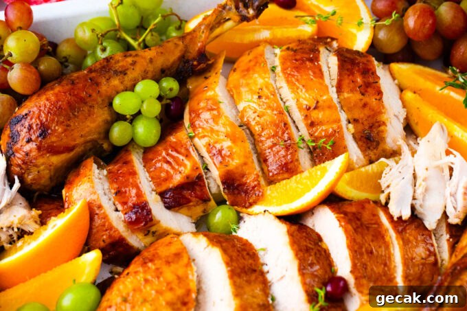 Sliced oven roasted turkey with a perfectly browned skin.