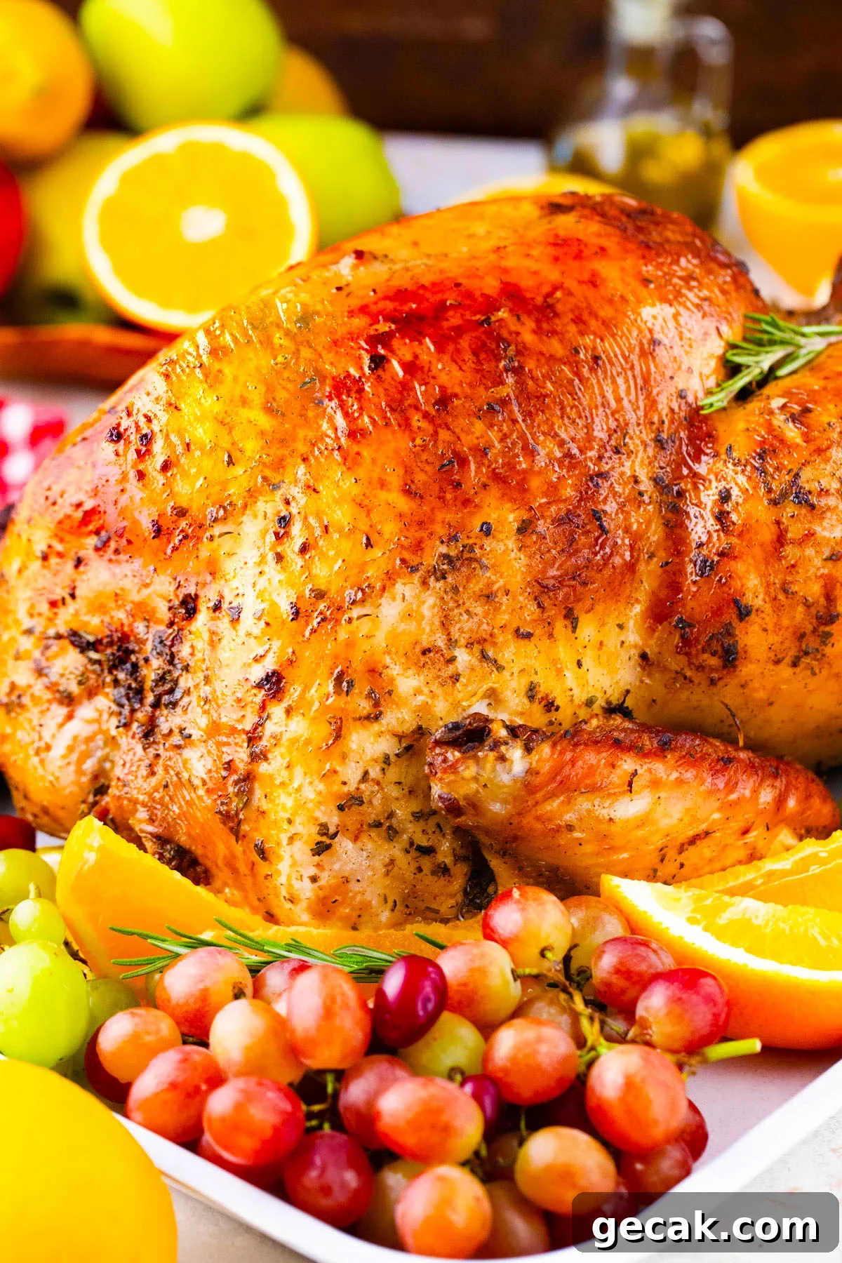 Perfectly browned oven roasted whole turkey.