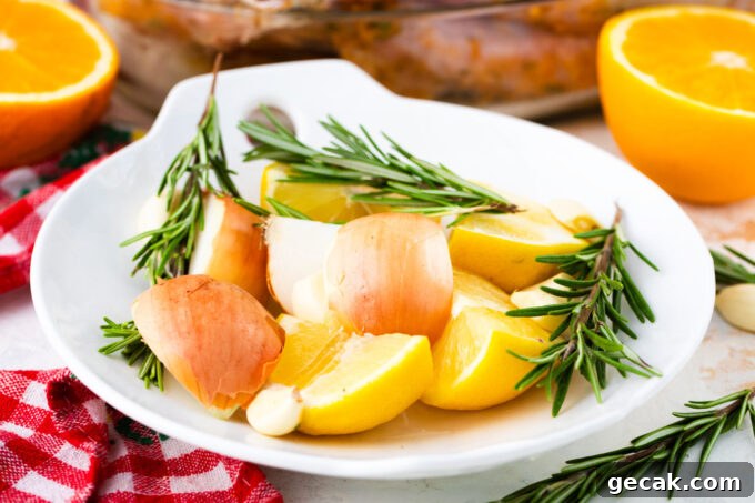 Fruits, veggies, and herbs for stuffing a turkey,