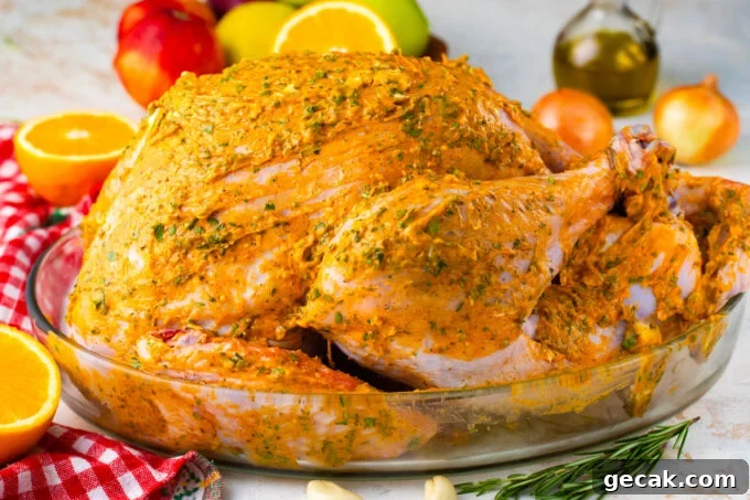 Roasting a whole turkey coated in a butter herb mixture.
