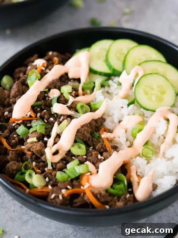 close up image of Asian beef and rice bowl