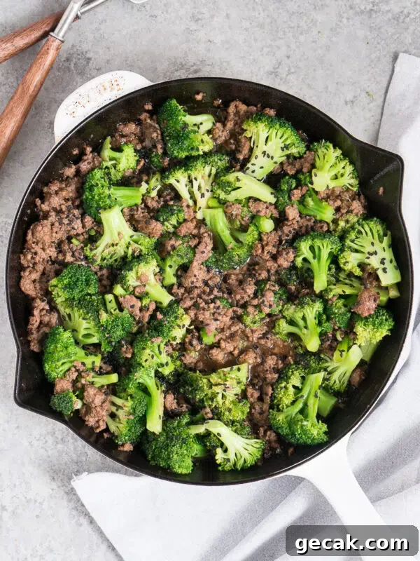 ground beef and broccoli cooked in a skillet