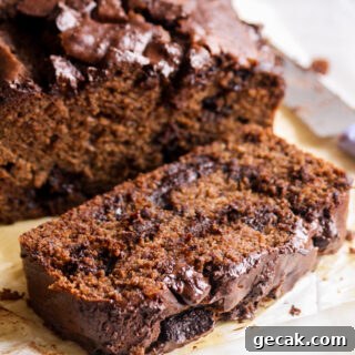 Soft and moist, eggless chocolate banana bread with cocoa and lots of chocolate chunks