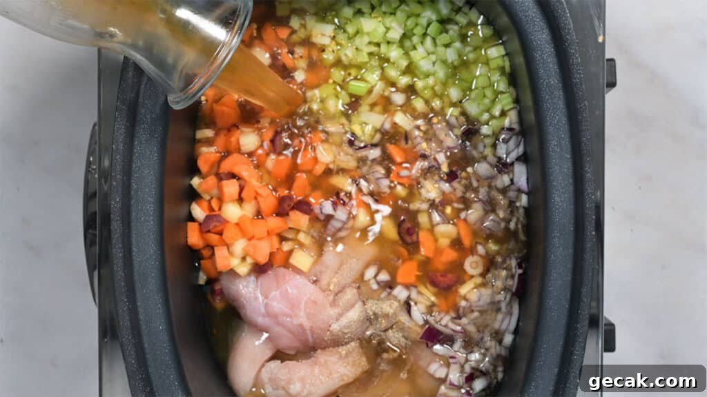 process shot making chicken gnocchi soup in a slow cooker