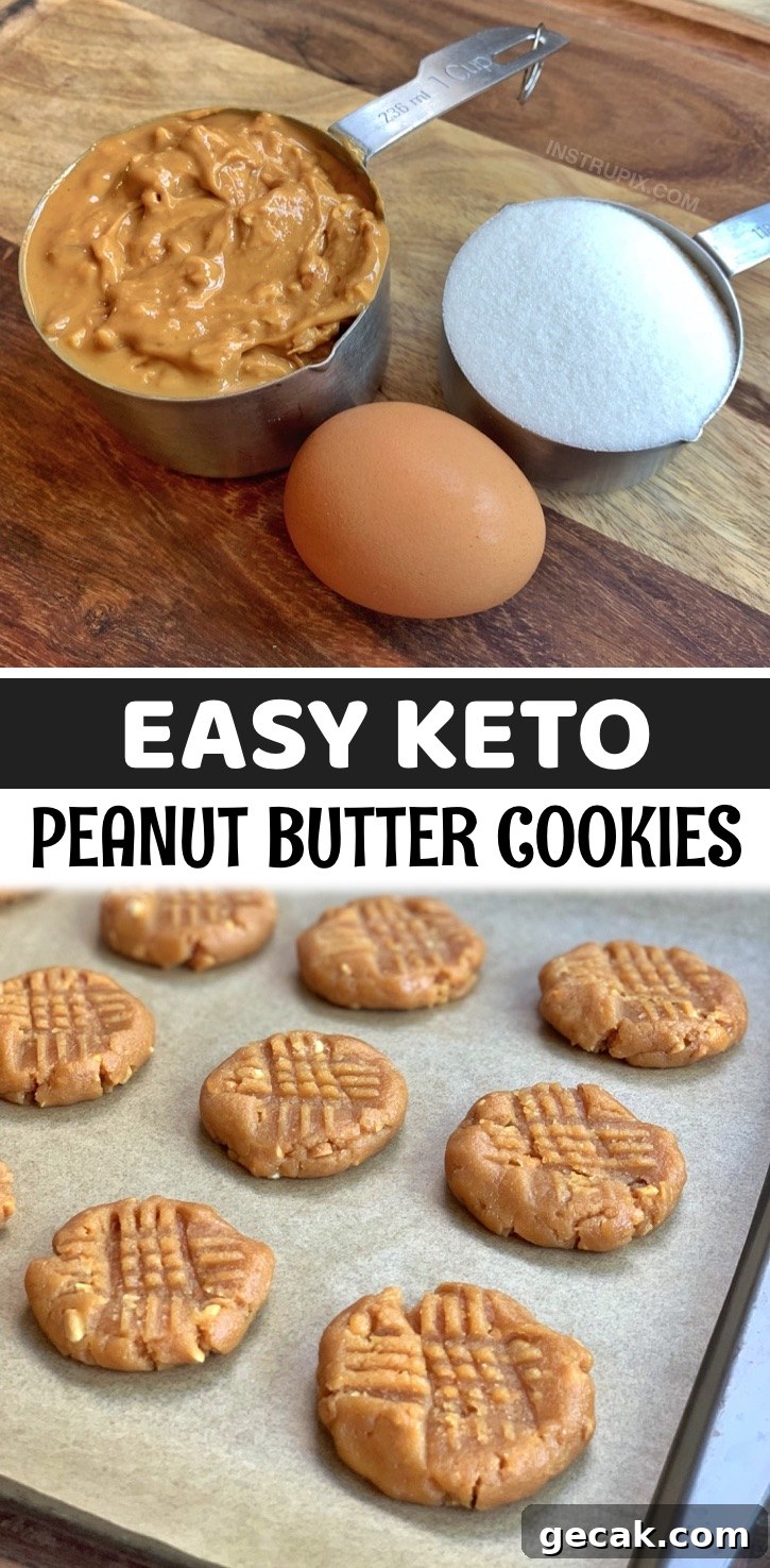 Keto Peanut Butter Cookies Recipe (Low-Carb, Sugar-Free) 11 These easy keto peanut butter cookies are made with just 3 ingredients: peanut butter, an egg and the low carb sweetener of your choice like Swerve or Monk Fruit. So simple and delicious! If you're looking for easy low carb or keto dessert recipes, these baked cookies are a breeze to throw together with pantry staples. They will satisfy your sweet tooth without any of the guilt. Simply mix everything together, roll the batter into balls and place them on a baking sheet. Bake, and dig in!