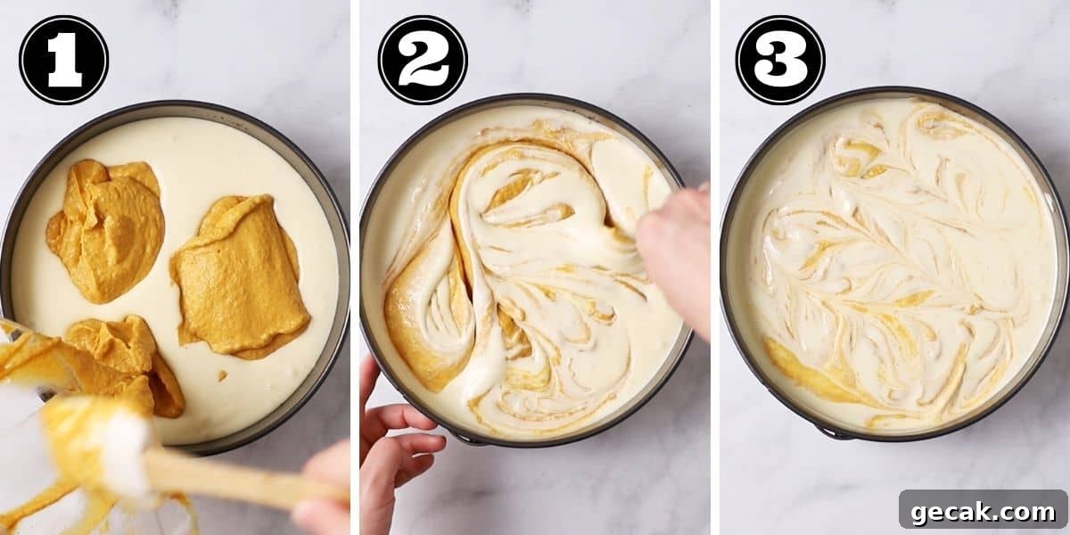 swirling the pumpkin in the cheesecake step by step
