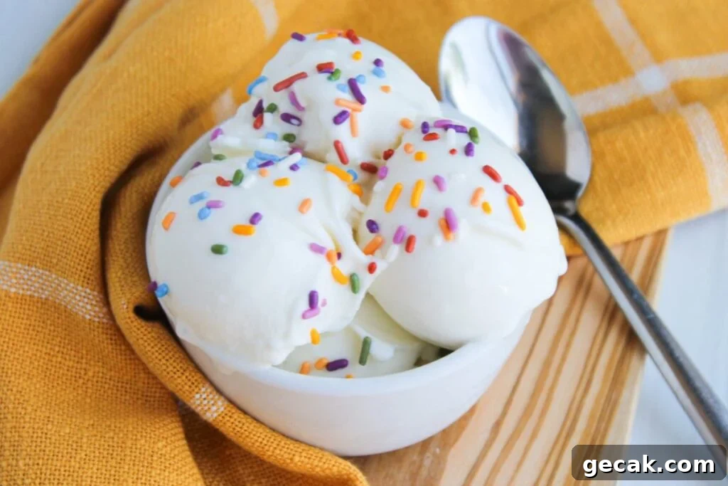A small white bowl of ninja creami frozen yogurt with colored sprinkles.