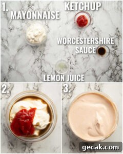 3 step by step photos showing how to make marie rose sauce