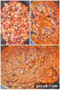 Prep image for vegetarian chili recipe showing cooking process.