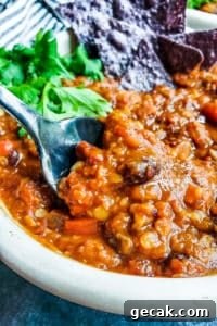 Vegetarian chili in a white bowl with black spoon dipping in.