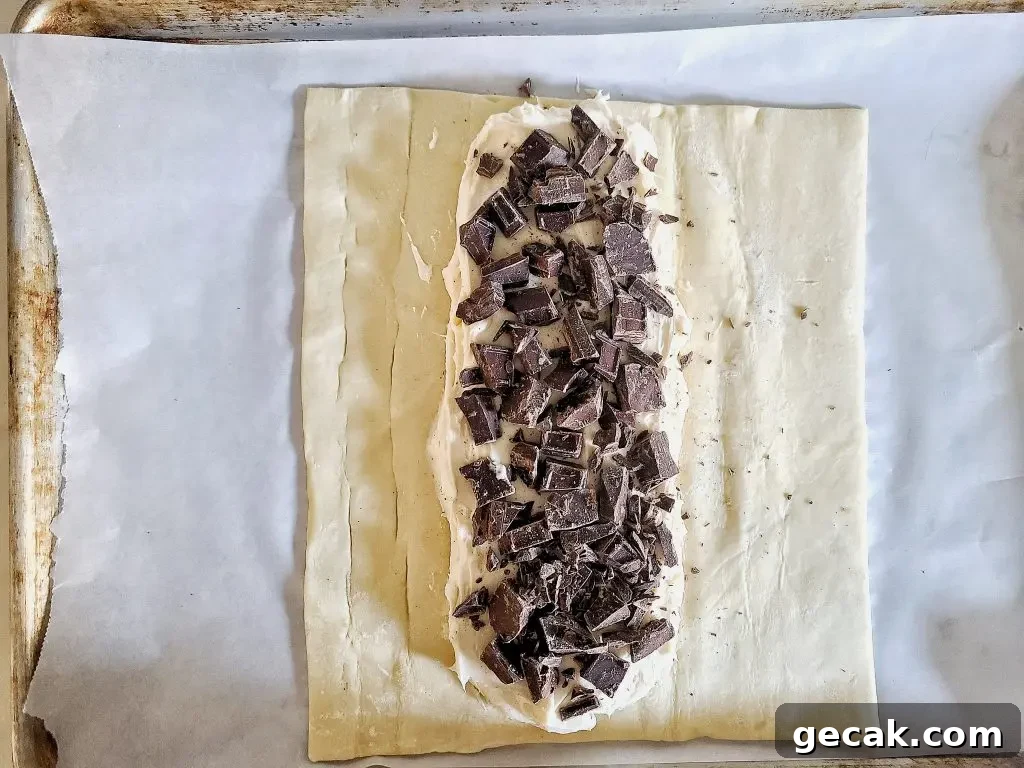 puff pastry base with cream cheese mixture and chocolate