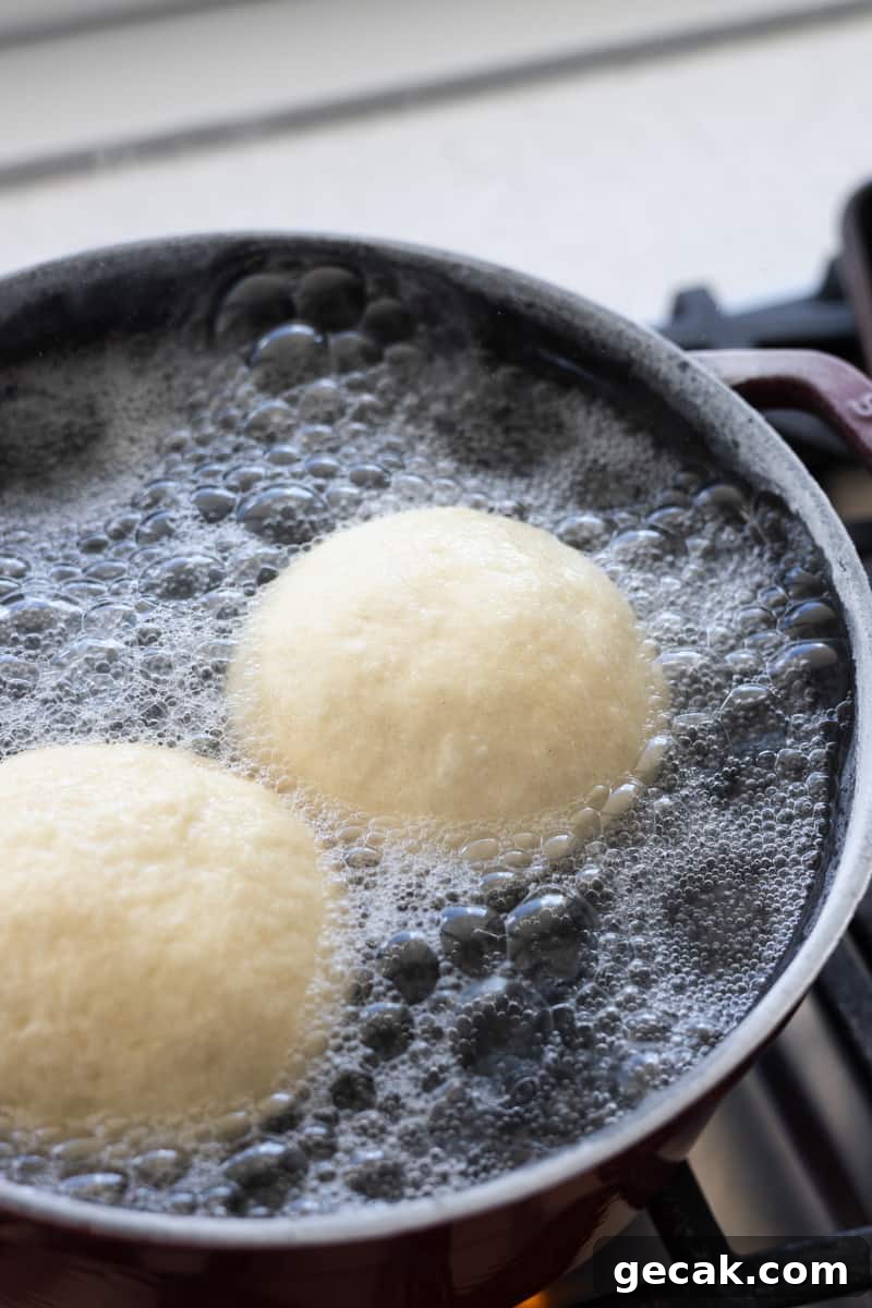 Dough in a pot of boiling water. 