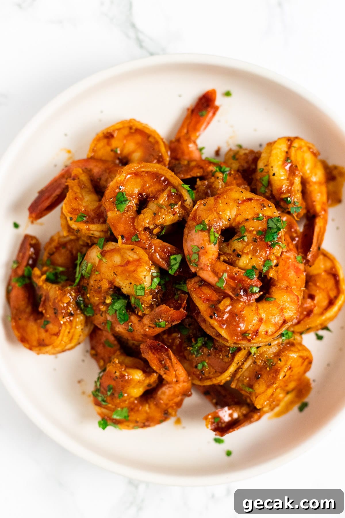 A top down view of a bowl of chili lime shrimp