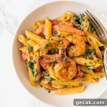 a top down view of a bowl of cajun shrimp pasta