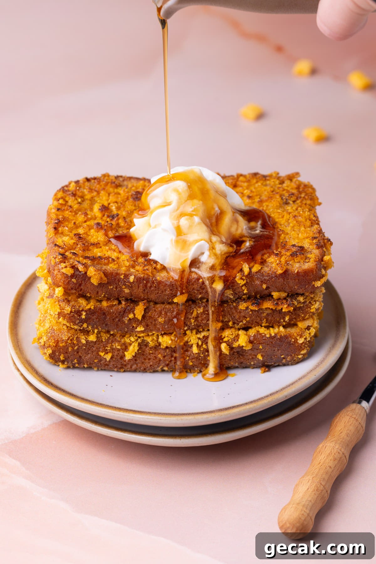 25-Minute Crunchy Cap'n Crunch French Toast Recipe 15 Pouring maple syrup over French toast coated in Captain Crunch cereal garnished with whipped cream.