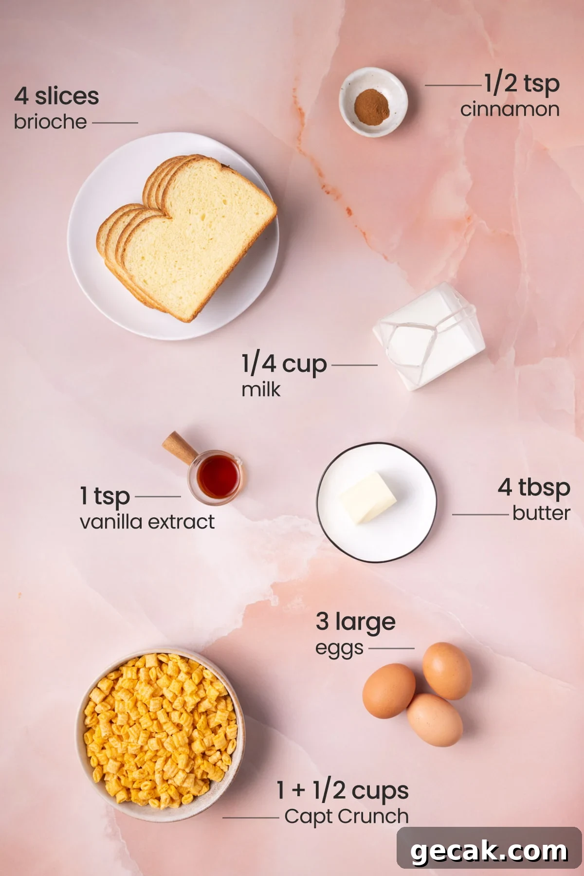 25-Minute Crunchy Cap'n Crunch French Toast Recipe 3 All ingredients needed for Captain Crunch French toast including cinnamon, bread, milk, vanilla extract, butter, eggs, and Cap'n Crunch.