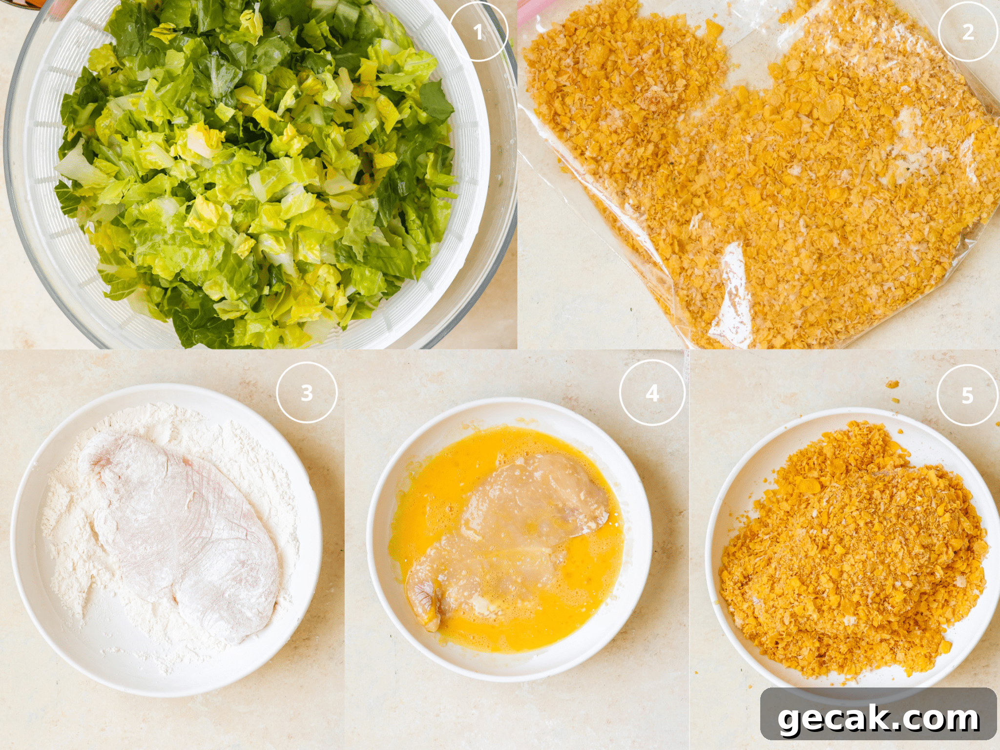 step by step photos dredging chicken in cornflakes. 