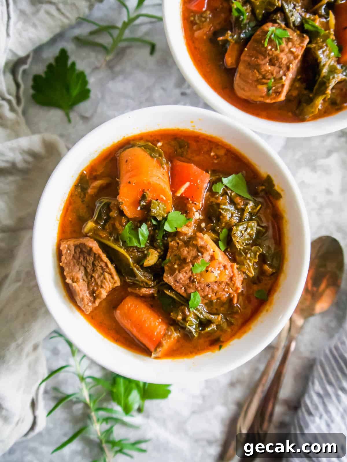 Creamy Beef Stew with Kale and Tomato in two bowls.