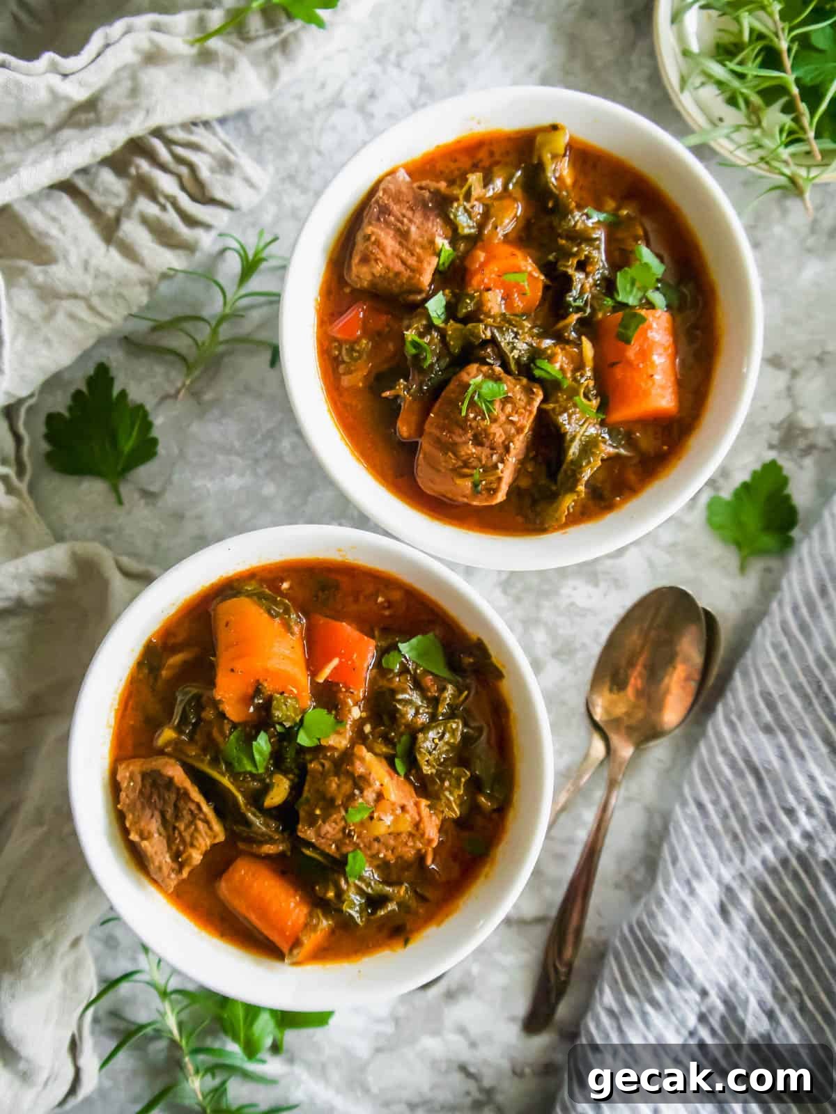 Aerial view of healthy beef stew in two bowls.