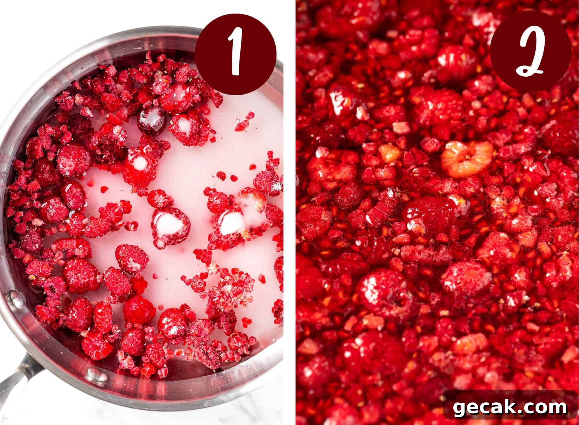 Homemade Raspberry Simple Syrup Recipe for Cocktails & Desserts 6 A collage of process photos illustrating steps 1 and 2.