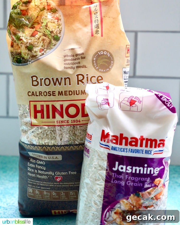 brown rice and jasmine rice pantry staples