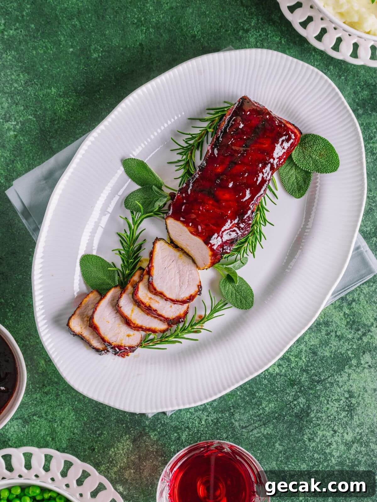 air fried pork on a white plate glazed with bbq sauce.