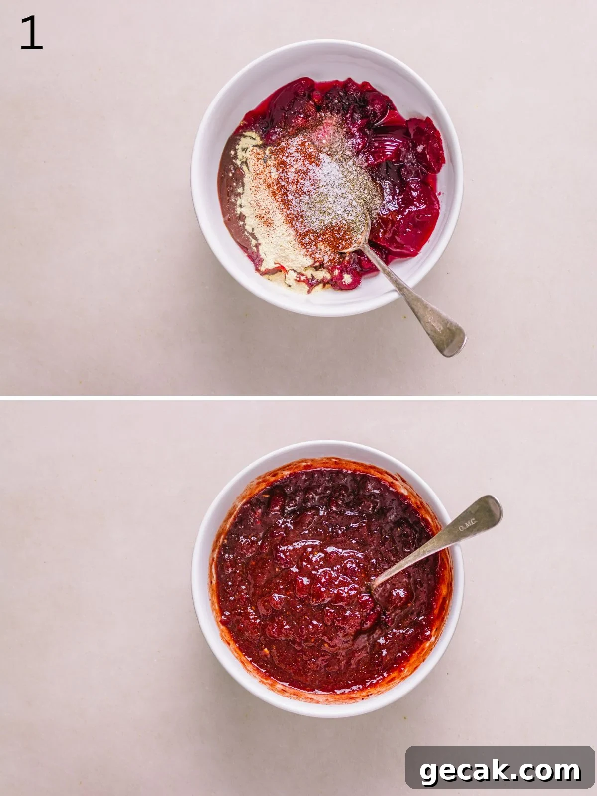 mixing the ingredients for the cranberry bbq sauce.