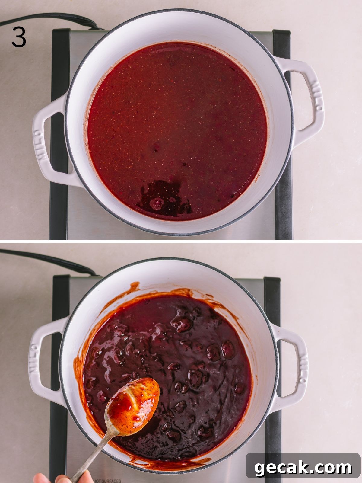 Cooking the remaining cranberry barbeque sauce in a non-stick sauce pan.