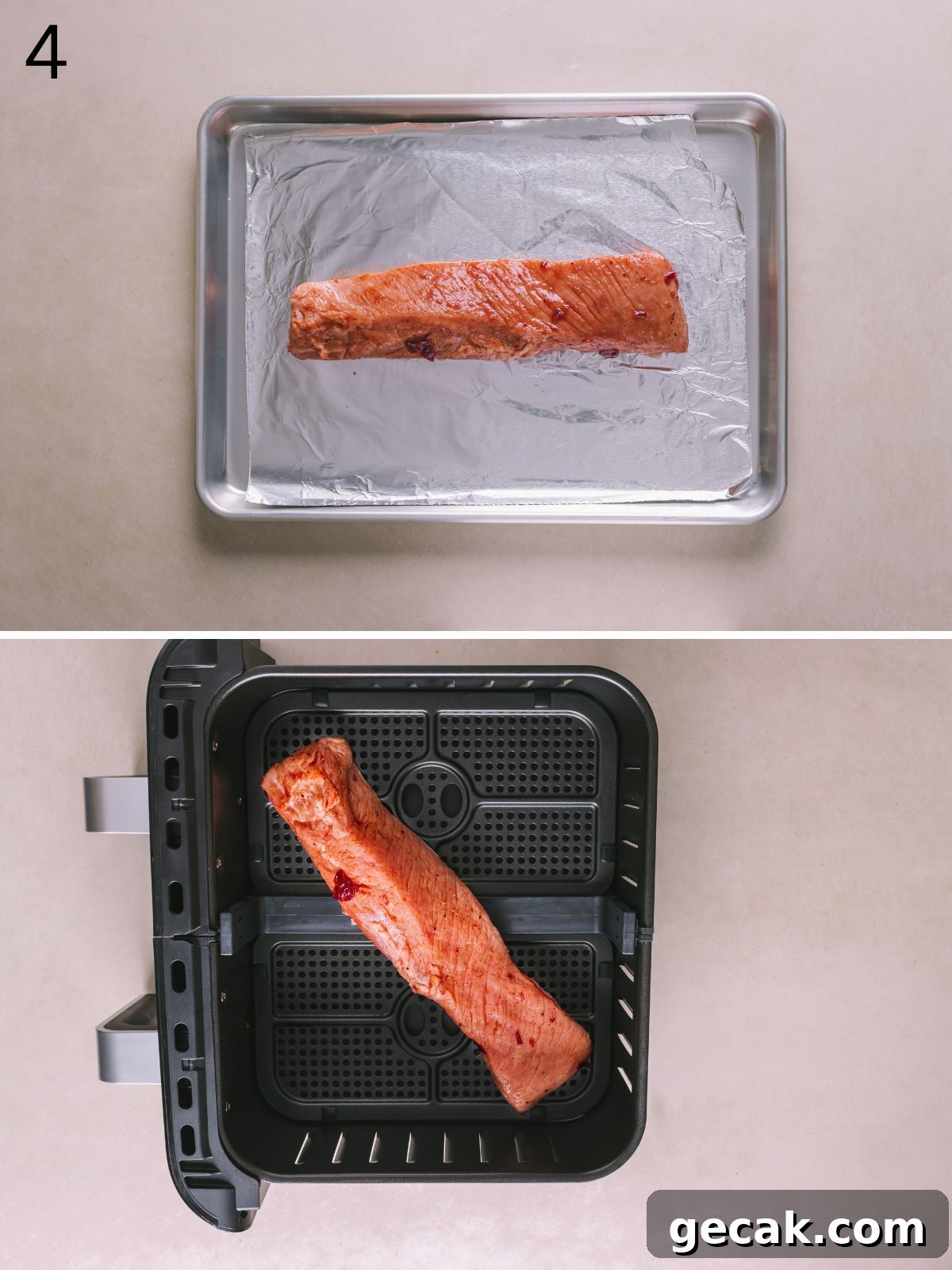 Tenderloin in an air fryer basket, about to be cooked.