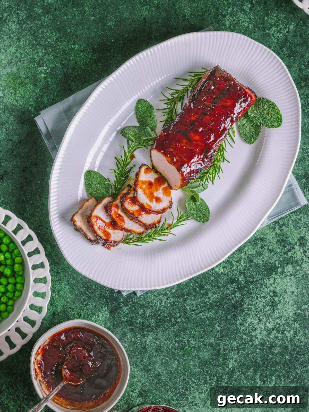 pork loins served with green peas, and bbq sauce.