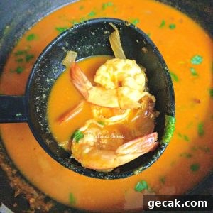 Authentic Goan Prawn Curry Recipe for Coconut Lovers 3 Prawn curry held up in ladle with two prawns visible