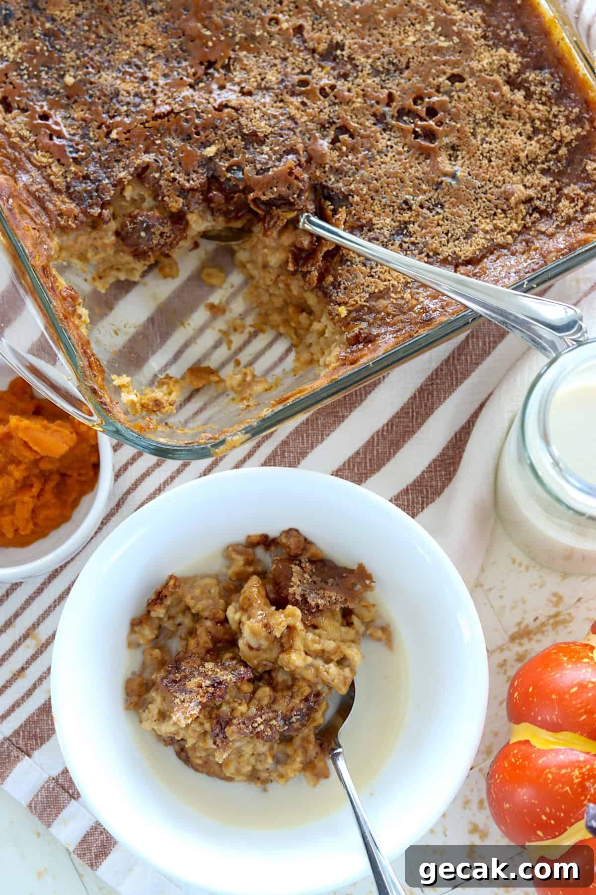 Pumpkin baked oatmeal in a square baking dish.
