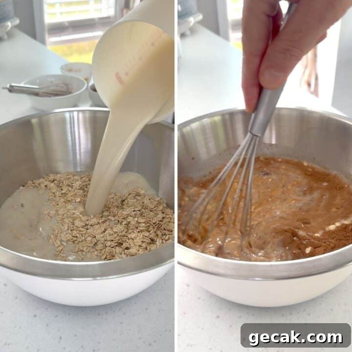 Whisking the pumpkin baked oatmeal ingredients together in a large bowl.